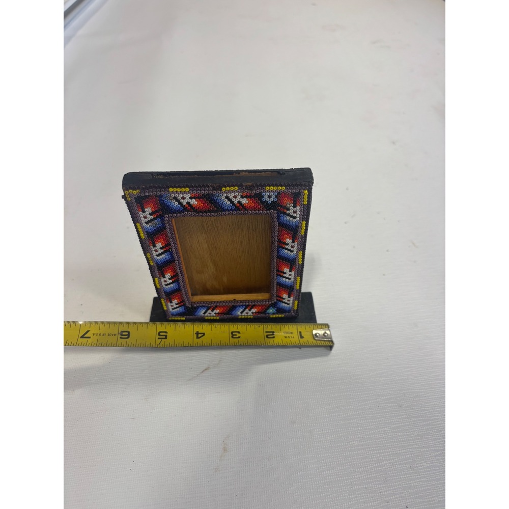 Handmade Beaded Wood Picture Frame Geometric Folk Art Multi Color Small 4x3.5 - Picture 3 of 6